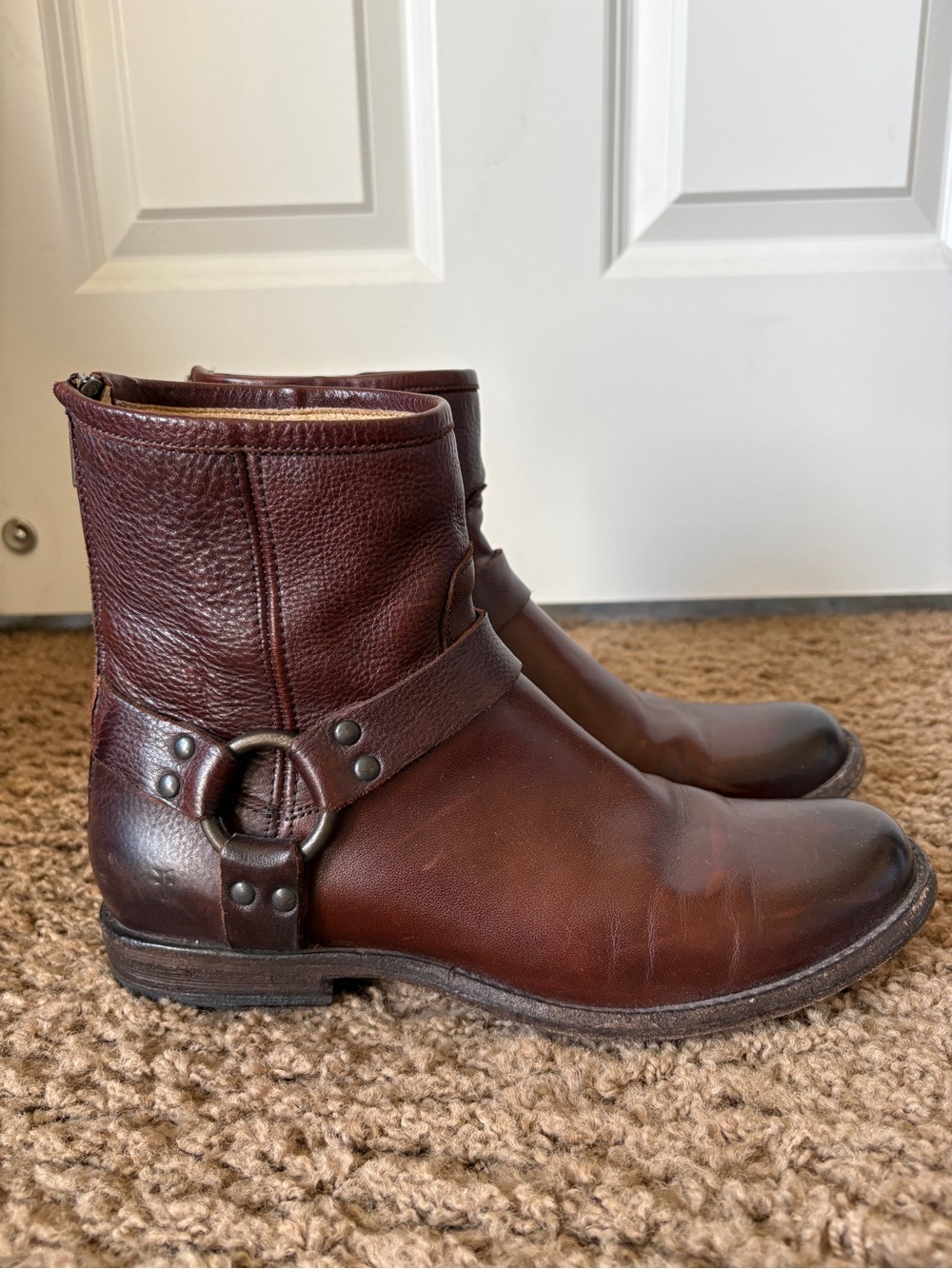 Frye Womans Phillip Dark Brown Leather Harness Booties Back Zip up
